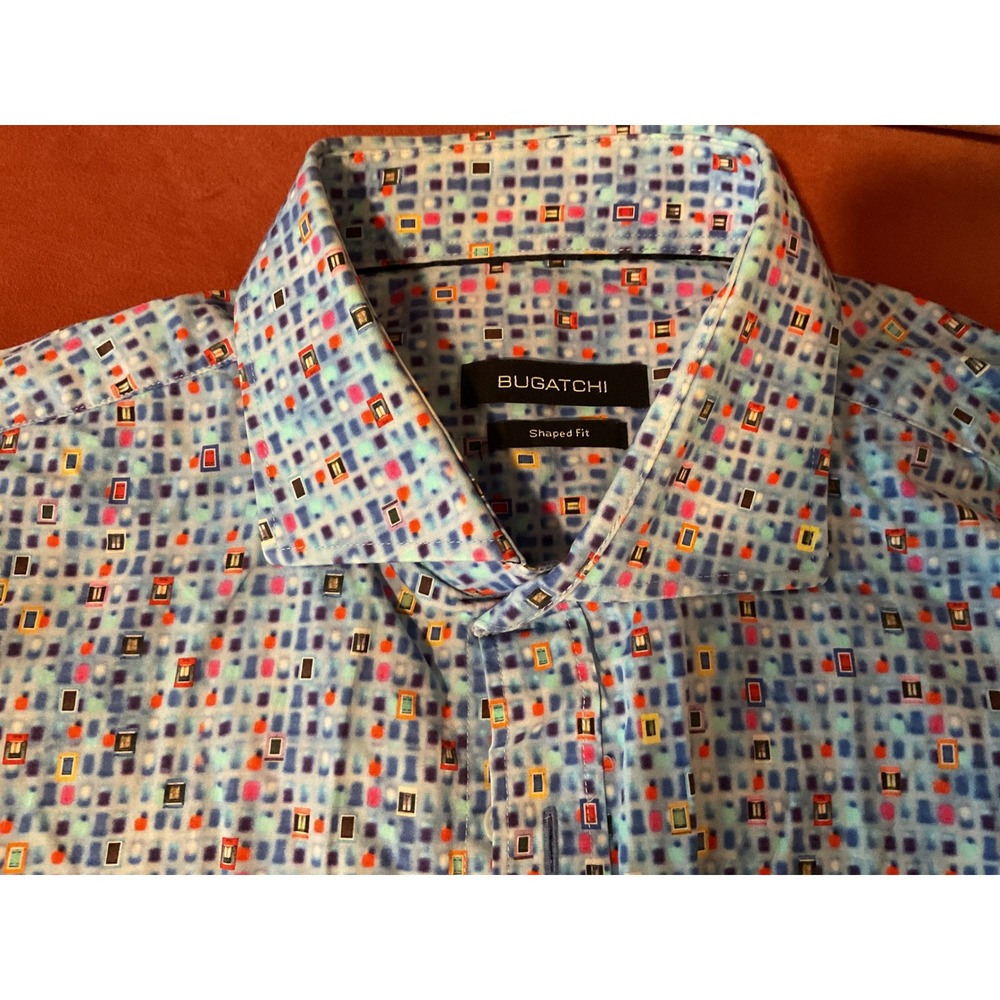 Bugatchi Uomo Blue Geometric Mosaic Print Shaped Fit Long Sleeve Shirt Mens XL
